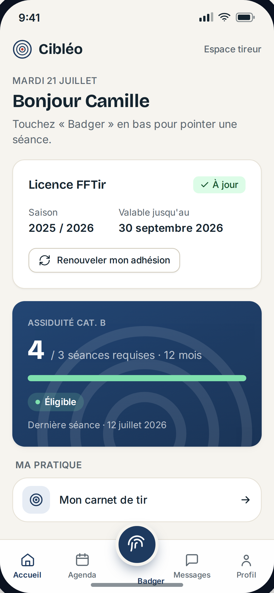 Espace licencié Cibléo sur mobile — licence FFTir et assiduité catégorie B