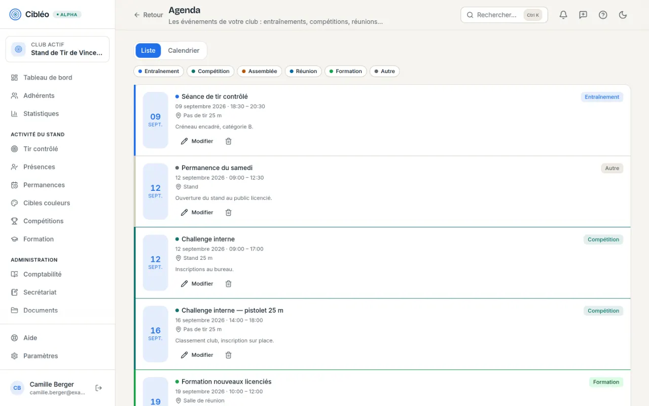 Agenda du club : séances de tir contrôlé, permanences, challenge interne et assemblée générale.